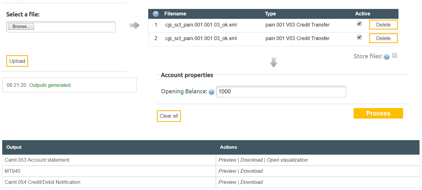 Simulating a camt.053 and MT940 account statement, and a camt.054 credit/debit notification based on two uploaded ISO 20022 pain.001 credit transfer files.